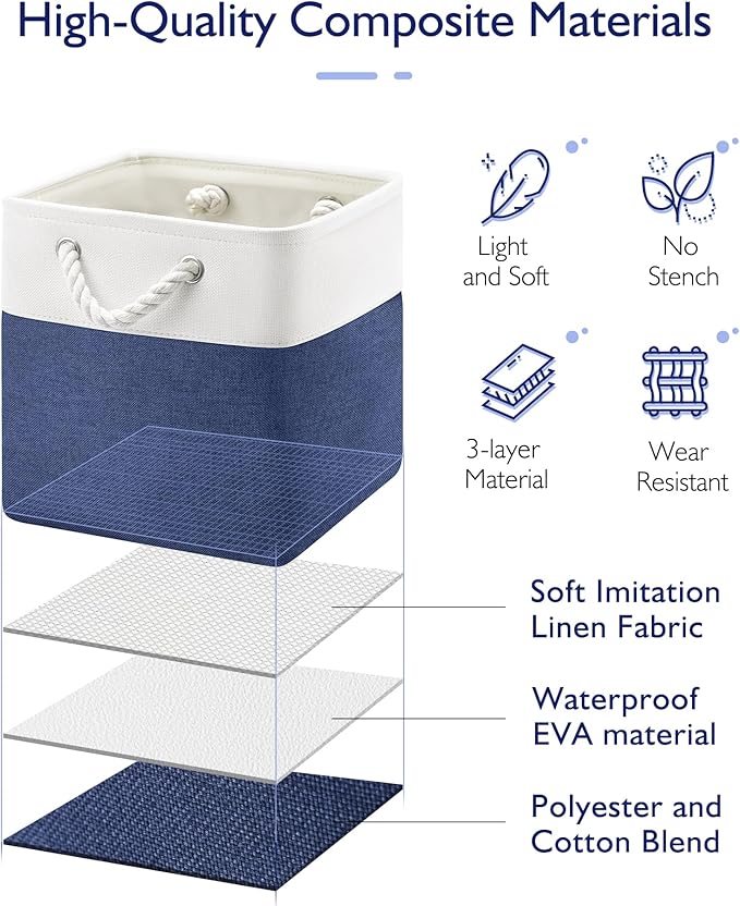 Patvingot 11 Inch Cube Storage Bins, 4 Pack Fabric Storage Cubes with Rope Handles, Organizer Baskets for Closet Shelves, Clothes and Home Organization(White/Blue)