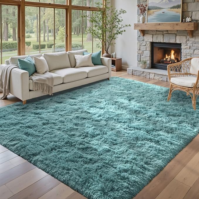 8x10 Area Rugs for Living Room Teal Shag Rugs,Modern Plush Non-Slip Soft Carpets for Bedroom Kids Nursery Dorm Daycare Floor
