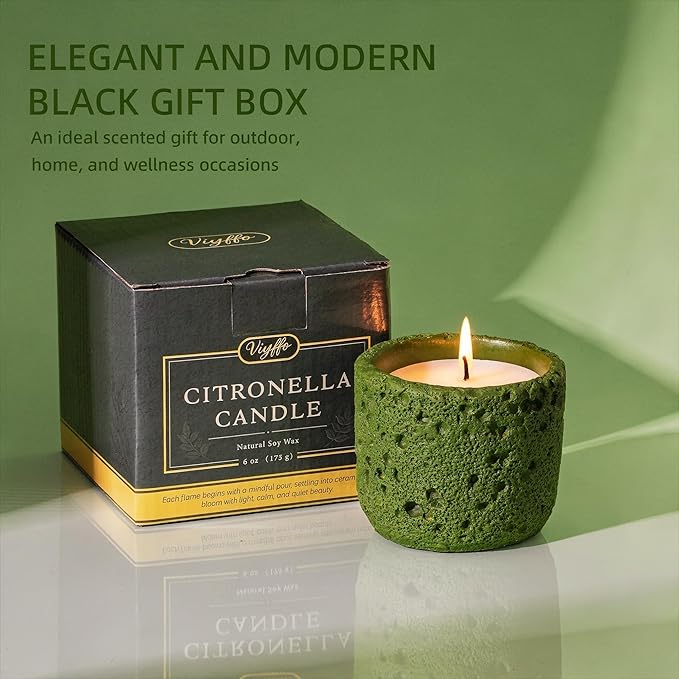 Viyffo 6oz Citronella Candle Outdoor, Small Citronella Candle Indoor, Candles for Home Scented, Non Toxic Soy, Green Ceramic Jar for Patio, Backyard Décor & Camping Gift (12+ Hours Burn)