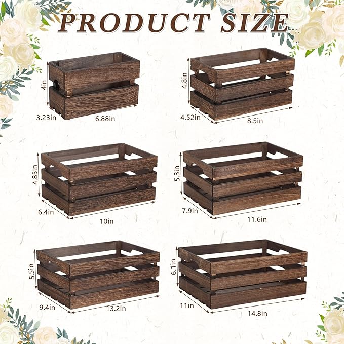 CroBlissful 6 Pcs Decorative Wood Crates for Storage Display Rustic Nesting Crates with Handle Farmhouse Wooden Storage Container Boxes for Wedding Baby Shower Birthday Party(Vintage Dark Brown)