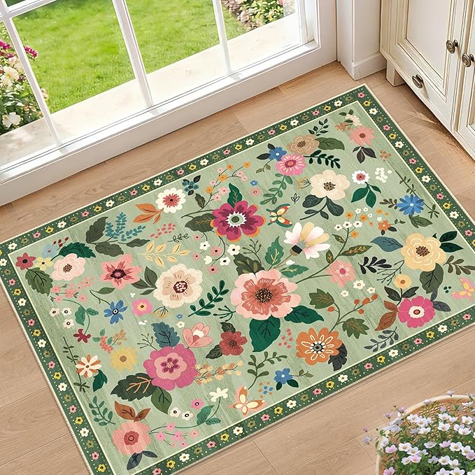 RELEANY Floral Nursery 2x3 Area Rugs Washable Print Boho Cute Carpet Non Slip Flower Low Pile for Living Room Kids Girls Playroom Bedroom Kitchen Office Farmhouse-Light Green