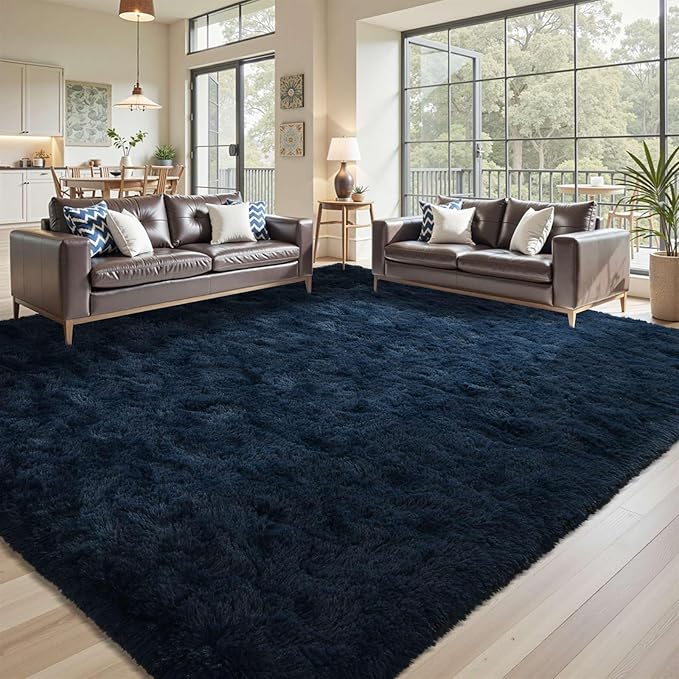 9x12 Area Rugs for Living Room Fluffy Blue,Plush Soft Navy Blue Shag Carpet for Living Room Boys Book Room Nursery Kids Playroom Dorm Decor