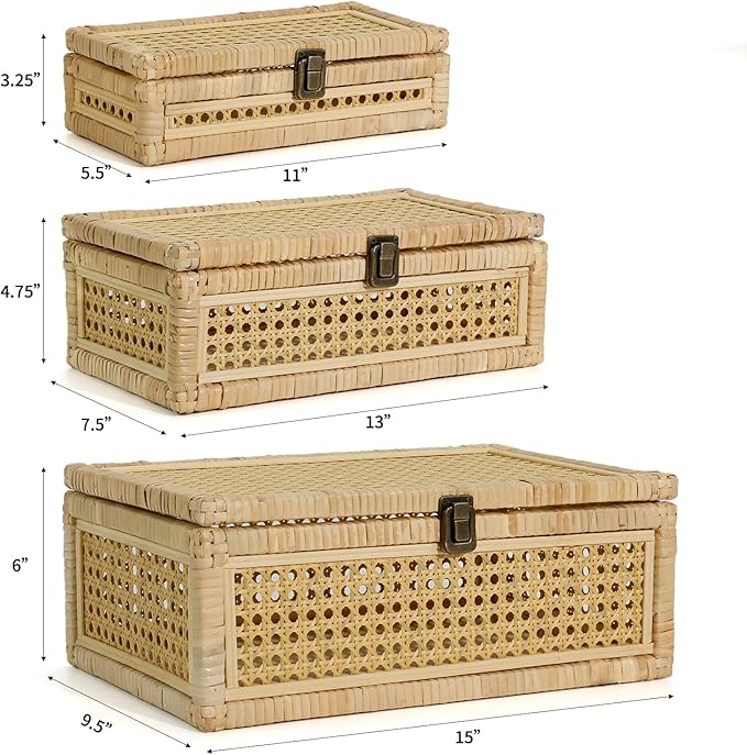 Boho Rattan Display Boxes with Rattan Lids, 3 Pcs Large Natural Handwoven Cane Basket, Home Decor Organizers Storage Bins, Natural Finish Display Boxes