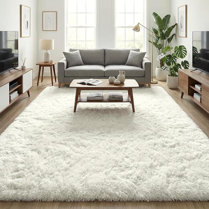 Large Area Rugs for Living Room, 9x11 Soft Fluffy Shaggy Rug, Machine Washable Non-Slip Plush Fuzzy Indoor Carpet, Aesthetic Home Decor for Bedroom, Kids Room, Nursery, Dorm, White