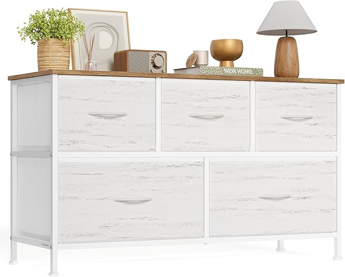 SONGMICS BELLAH Collection - Dresser for Bedroom, Chest of Drawers, Storage Organizer Unit, Closet, Entryway, Steel, 5 Drawers, Farmhouse, Rustic White and Honey Brown ULGS322WJ02S