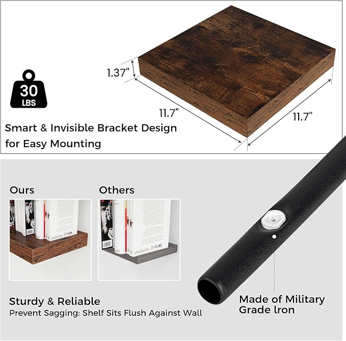 Square Floating Shelves for Wall 12"W x 12"D x 1.4"H, Small Engineered Wood Wall Shelves with Invisible Brackets for Living Room Bedroom Bathroom Office Kitchen Storage Decor, Rustic Brown, Set of 3