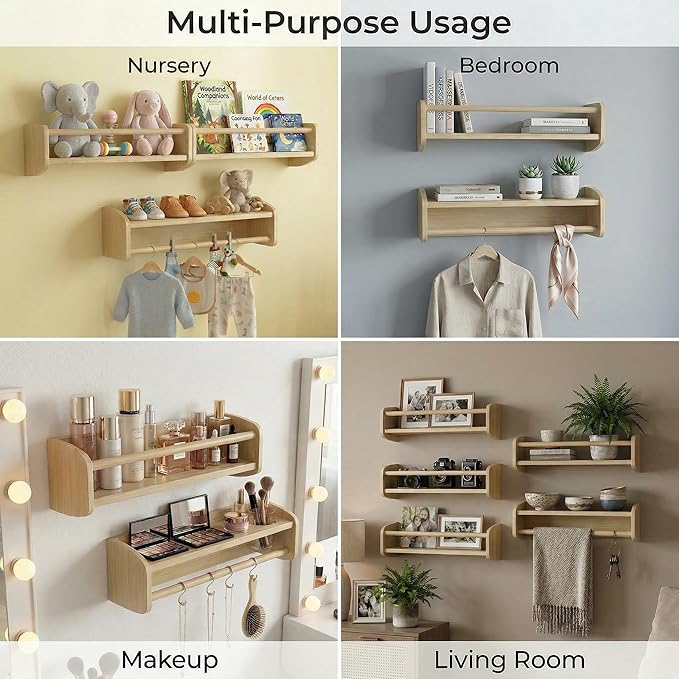 Nursery Bookshelf Set of 2, 16” Nursery Book Shelves Wall Mounted, Wooden Floating Shelves for Nursery Wall, Baby Book Shelf for Nursery, Kids Wall Bookshelf Organizer with Support Rod, Space Saving