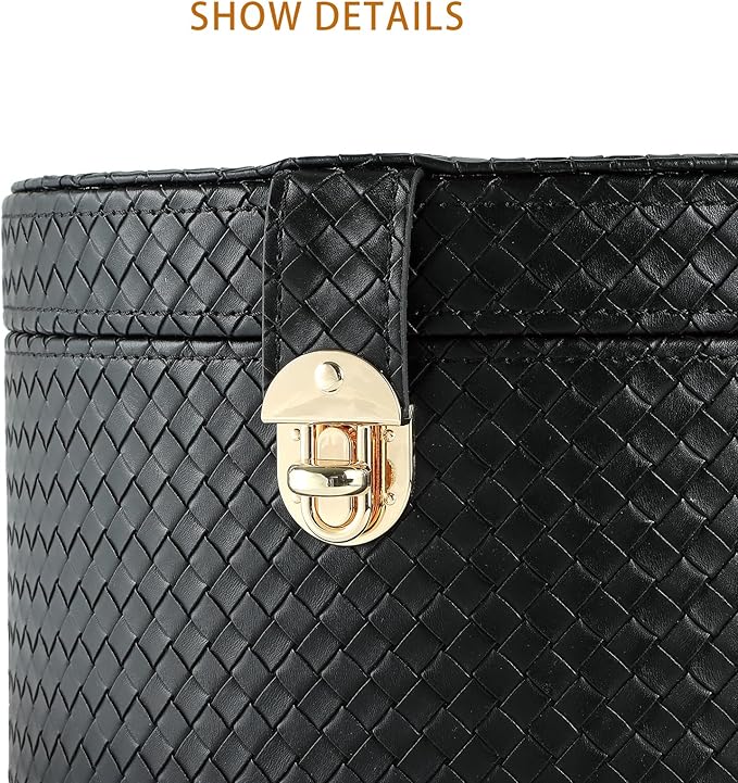 Large Leather Decorative Boxes Set of 2 Round Hat Box Bin Basket with Lid for Shelf Coffee Table Storage Remotes Modern Home Decor (black)