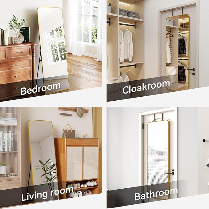 SCWF-GZ 57x20 Door Hanging Full Length Mirror, Floor Stand (Height 5.7ft just Body in1.3ft) Wall Mounted Metal Frame Rectangle Dressing Mirrors for Bedroom Room 57 inch Gold