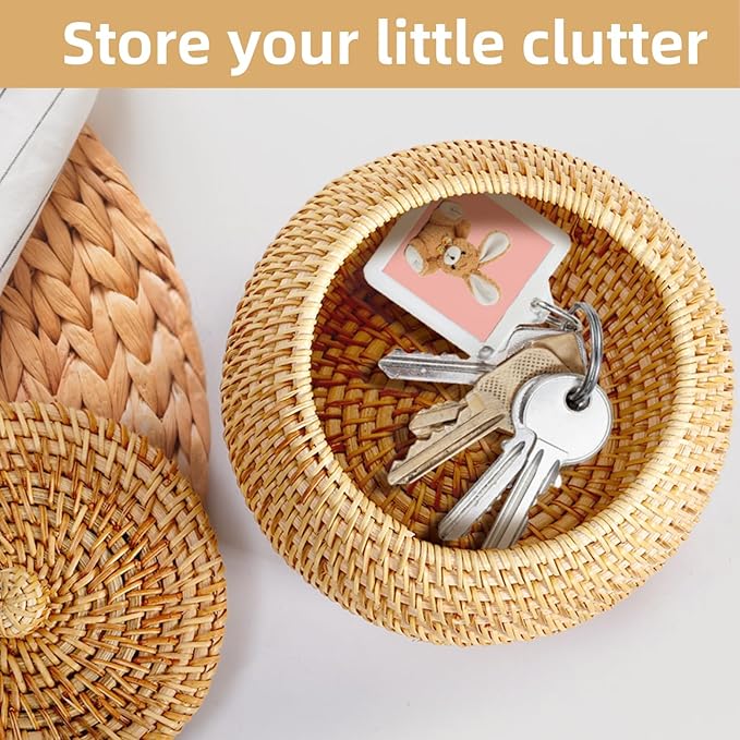 WRINGKIT Small Rattan Basket Box with Lid, Round Handmade Woven Storage Basket, Multi-purpose Wicker Bowl Decorative Organizer for Shelf, Home, Bathroom Decor