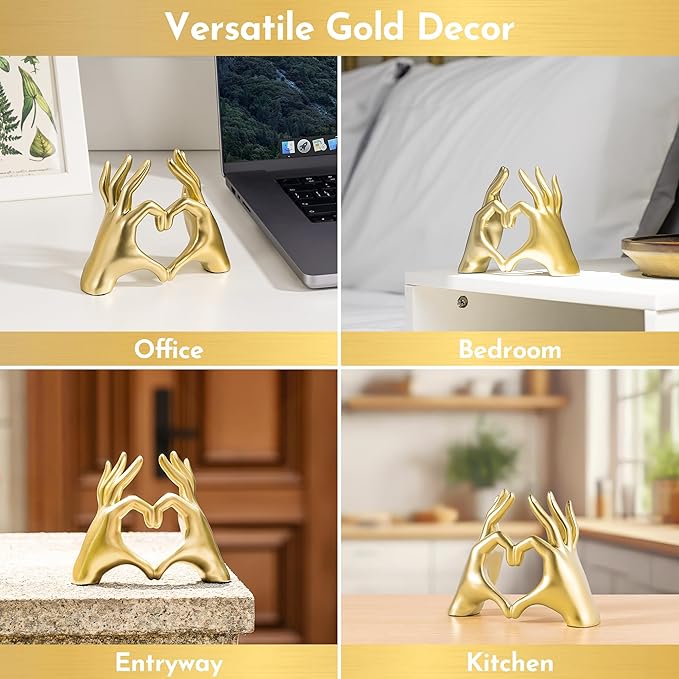 Gold Decor Living Room - Small Shelf Decor Aesthetic - Heart Hands Sculpture - Teen Girls Bedroom Knick Knacks - Cute Home Shelves Accent - Table Statue Love Decorations Gift (Gold (Open Hand), Small)