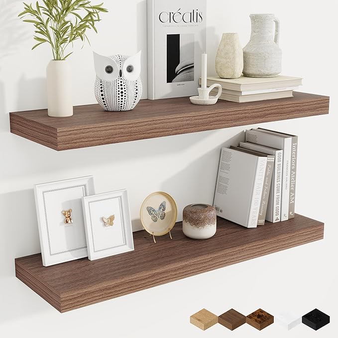 Fun Memories 9.3Inch Deep Floating Shelves for Wall, 32 Inch Rustic Wood Wall Mounted Shelves for Bathroom, Bedroom, Kitchen, Deep Floating Shelf for Storage & Home Decor (Walnut, Set of 2)