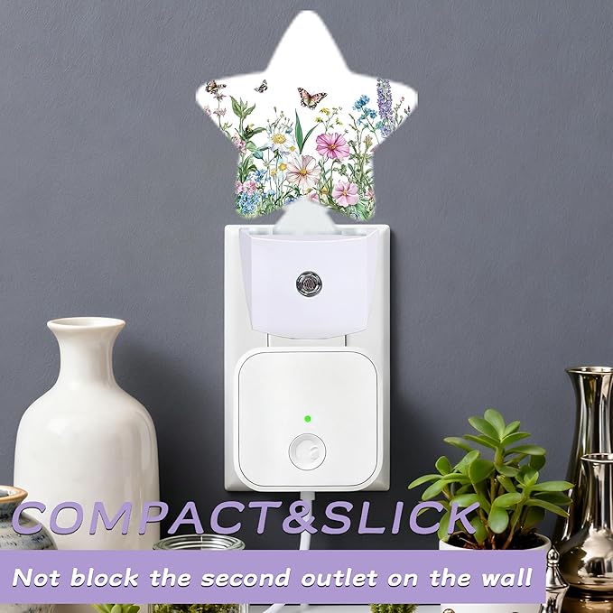 Nightlight,Butterfly Lavender Decorative Night Lights Plug Into Wall,Flowers Leaves Night Light with Auto Sensor for Bedroom,Nursery,Hallway,Stairway,Gifts