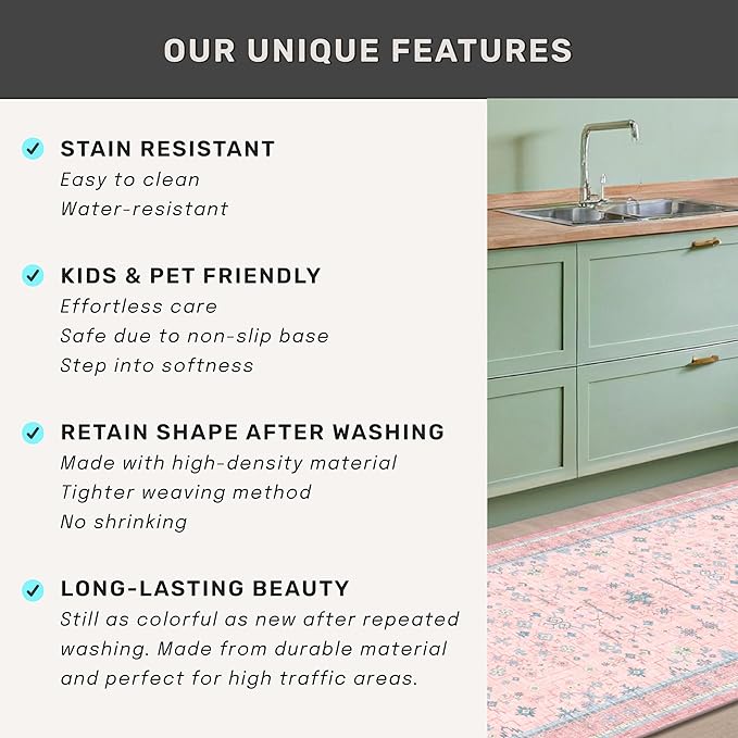 Washable Pink and Blue 9x12 Oushak Rugs for Living Room Rug Bedroom Girls, Modern Floral Aethestic Distressed Design, Soft Faux Wool Low Pile Non Slip Stain Resistance Carpet