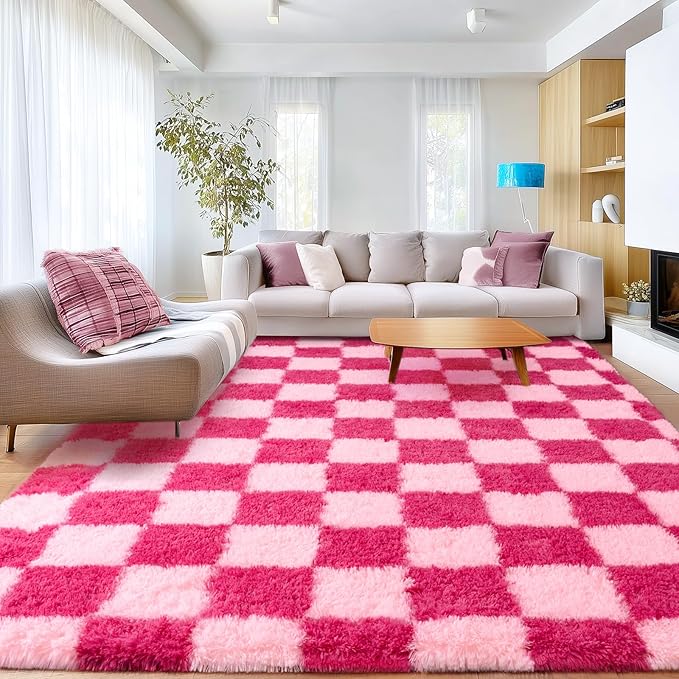 Checkered 8x10 Area Rugs for Living Room, Ultra Soft Fluffy Large Shaggy Rug Carpet for Bedroom, Non-Slip Fuzzy Plush Rugs for Nursery Boys Girls Kids Room Modern Indoor Home Decor, Pink and Hot Pink