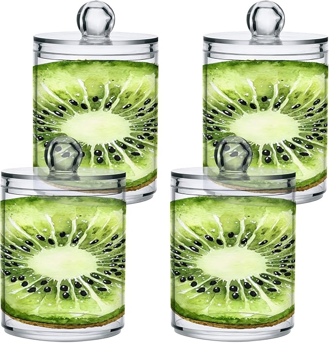 Nander 4Pack Fresh Kiwis Qtip Holder Dispenser -Clear Plastic Apothecary Jars Set - Restroom Bathroom Makeup Organizers Containers for Cotton Swab, Ball, Pads, Floss