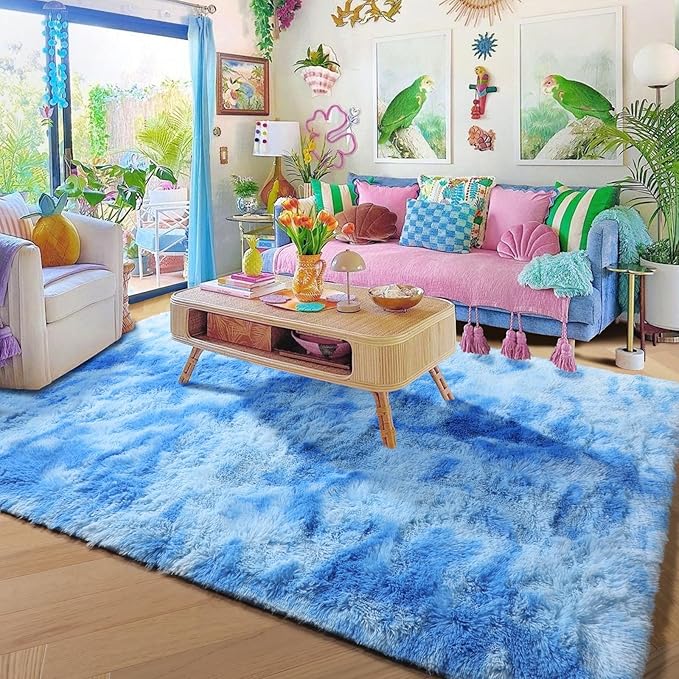 Amdrebio Tie-Dyed Light Blue Area Rugs for Bedroom Living Room, 5x7 Soft Cute Fluffy Stitch Rug for Girls, Boys, Baby Kids Room Decor, Plush Shaggy Fuzzy Furry Carpet for Classroom Nursery Playroom