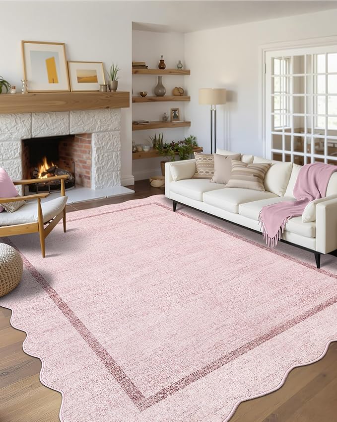 GarveeHome Scalloped Living Room Rug 5x7 Area Rug Washable Area Rug for Bedroom Modern Kids Rug Non Slip Throw Rugs Soft Low Pile Stain Resistant Carpet for Dorm Dining Room 5'x7' Pink