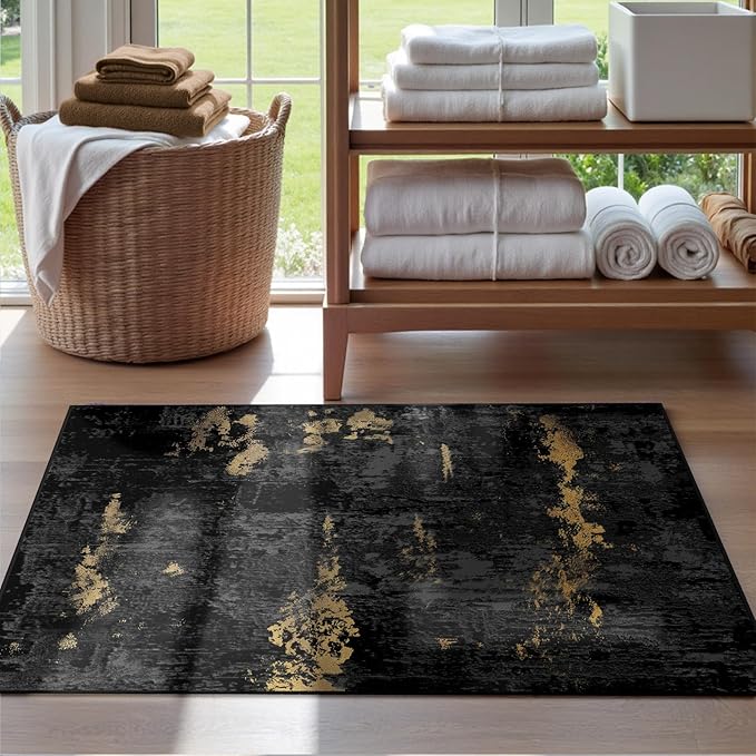 RELEANY Washable Area Rugs 2'x3' Non-Slip Modern Abstract Soft for Living Room Entryway Bedroom Nursery, Print Pattern, Dark Black Gold