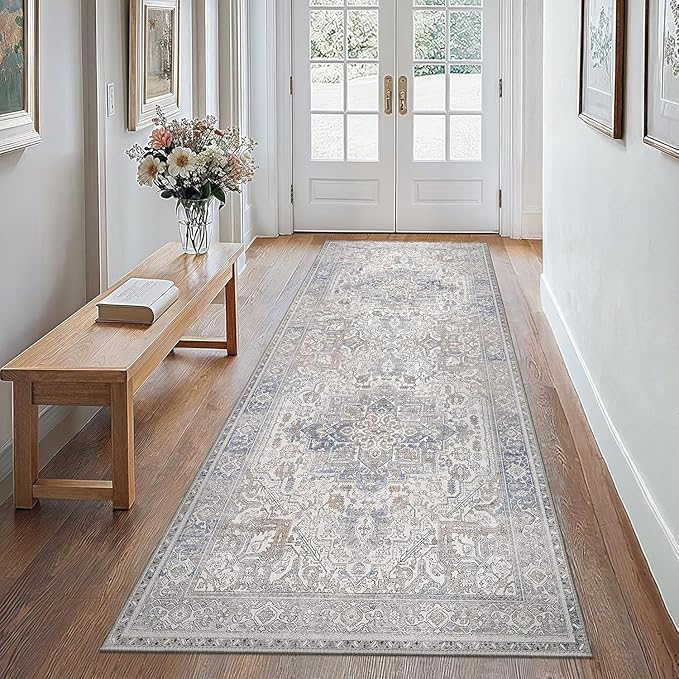 GENIMO 2x8 Runner Rugs for Hallway, Machine Washable Non Slip Vintage Retro Rugs, Low Pile Lightweight Thin Print Carpet for enrtyway, Corridor, Home Office, Kitchen, Khaki Blue