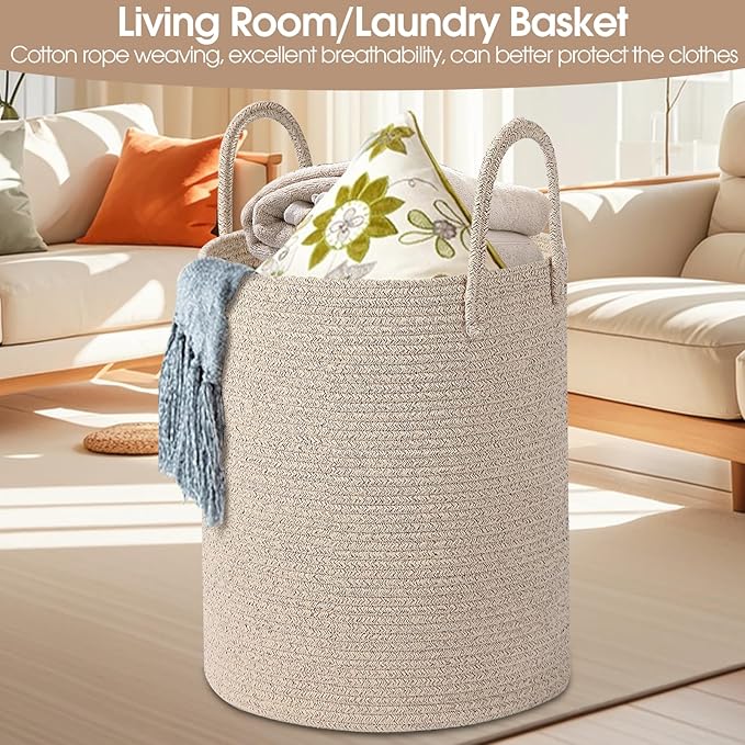 Large Woven Laundry Basket Hamper,Cotton Rope Storage Basket with Handles, 60L Capacity, 15x20 Inch, Beige, Woven Rope Basket Organizer for Laundry, Toys, Blankets