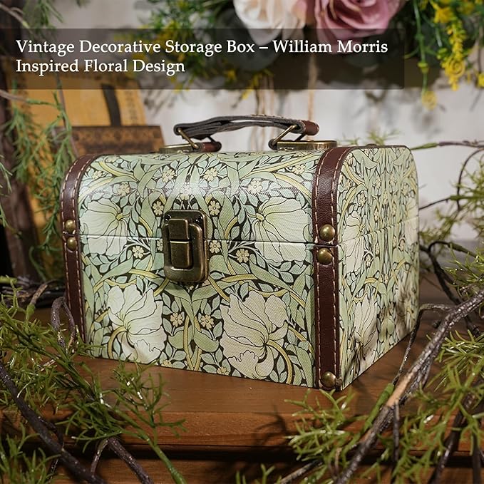 Vintage Decorative Storage Box with Handle, Retro Floral William Morris Keepsake Organizer Chest for Jewelry, Trinkets, Gift Packaging and Home Decor, 7 x 5.6 x 4.7 Inch