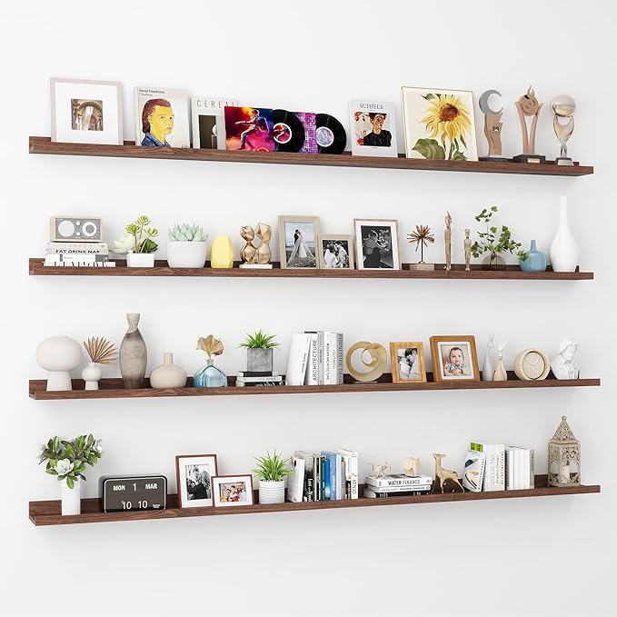 Axeman 72 Inch Floating Shelves | Walnut Picture Ledge Shelf Set of 4 | Rustic Wood Wall Shelves with Lip | 72" Walnut Picture Shelves for Wall with Ledge | Photo Shelves