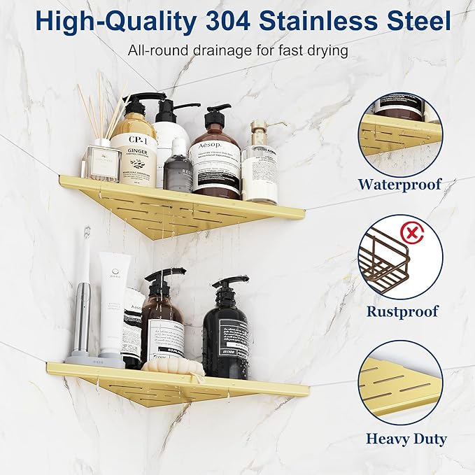 Qeke Corner Shower Shelves, 10” Recessed Tile Shower Shelf, 304 Stainless Steel Grout in Corner Tile Shower Shelves, No Drilling, Brushed Golden, 2 Pack