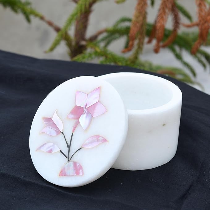 Marble Round Small Jewelry Box 2.5 Inch – Hand Carved Floral Design with Mother of Pearl Inlay – Alabaster Trinket Box, Makeup Organizer & Jewelry Holder – Decorative Gift for Women