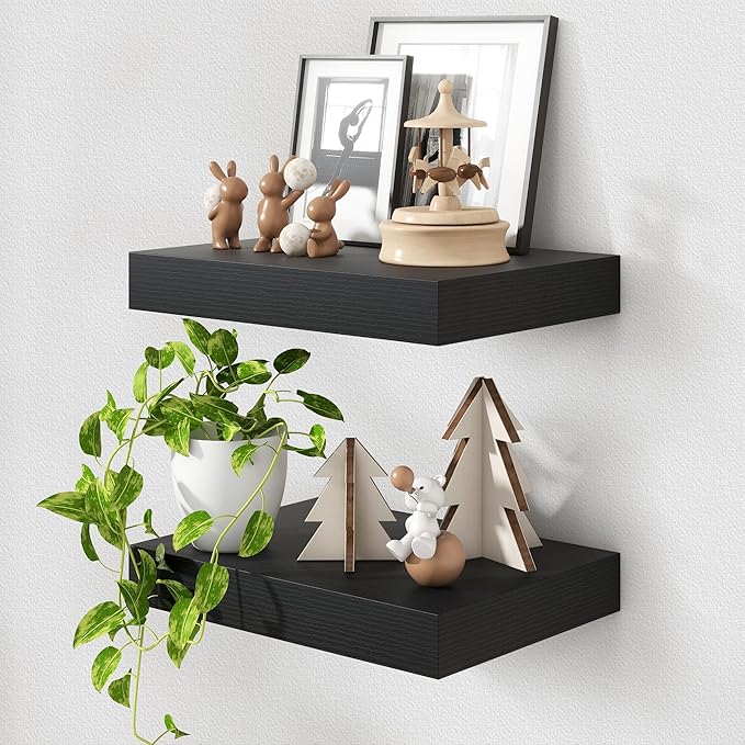 FLYJOE Deep Floating Shelves | 16 Inch Black Floating Shelves Set of 2 | 12 Inch Deep Black Wall Shelves | Deep Shelves for Living Room Bathroom Kitchen Bedroom