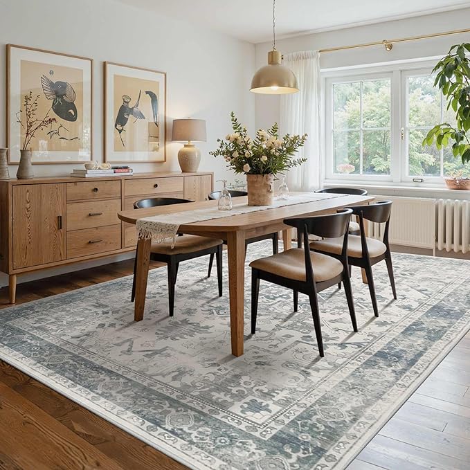 Rugxara 6x9 Washable Area Rug for Living Room, Neutral Vintage Large Boho Rugs for Office, Dining Room, Kids Room, Farmhouse, Durable Low Pile Non Slip Carpet for High Traffic Areas, Light Blue Grey