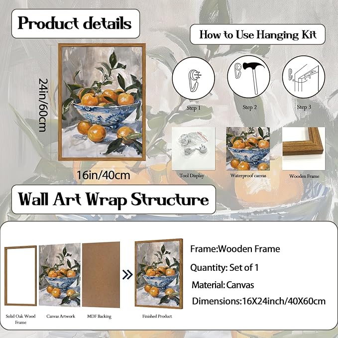 Framed Vintage Oranges Canvas Wall Art, Rustic Kitchen Pictures Wall Decor, Cottagecore Farmhouse Fruit Still Life Paintings Prints Antique Home Decor for Living Room Dining Room 16x24 inch