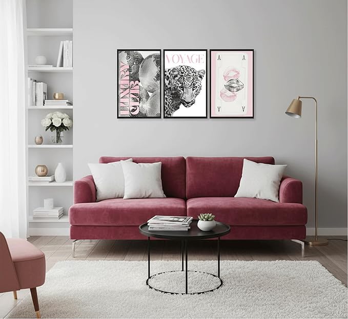 3pcs Pink Fashion Leopard Print Wall Art,Black and White Cheetah Pattern Canvas Poster,Funny Playing Card Painting,Lip Disco Ball Pictures Wall Decor for Girls' Room Living Room Bedroom 24x16in Unframed