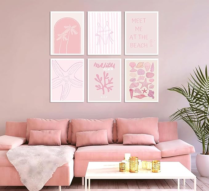 6Pcs Pink Coastal Preppy Wall art Beach Granddaughter Aesthetic Room Painting Picture Wall Decor Shells Oyster Starfish Poster Print Artwork for Girls Room Girls Dorm Home Decoration 8x10in