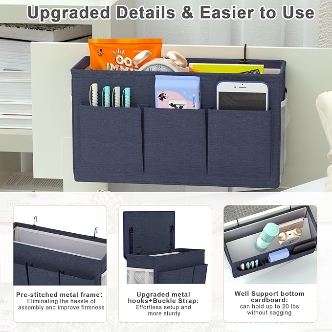Edudif Dual-purpose Bedside Caddy Bedside Organizer, Bed Caddy with 6 Pockets, Versatile Bedside Storage Solution Magazine Remotes holder, ideal for Home, Dorm, Hospital, Crib Bed (Navy)