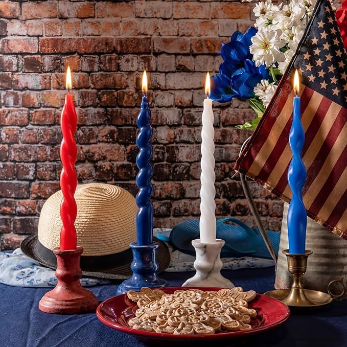 Nuanchu 4 Pcs Twisted Taper Candles Wax Unscented Smokeless Spiral Swirl Candlesticks for Wedding Holiday Dinner Party Home Decorations(7.87 Inch,Pure,Red White Blue)