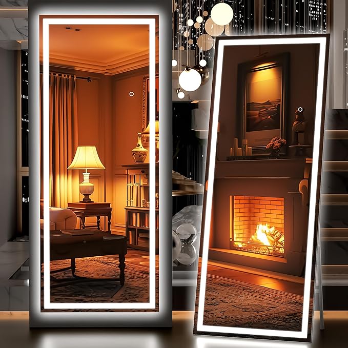 Hasipu Full Length Mirror with Lights, 67" x 22" LED Lighted Floor Standing, Full Body Dressing Hanging Mounted Mirror, Tempered Glass, Square Black