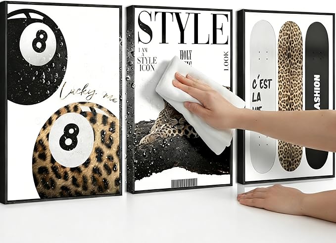 3Pcs Black Framed Trendy Leopard Wall Art Preppy Aesthetic Stylish Leopard Painting Picture Wall Decor Funky Lucky 8 Ball Cheetah Poster Print Artwork for Bedroom Living Room Bathroom Home Decoration