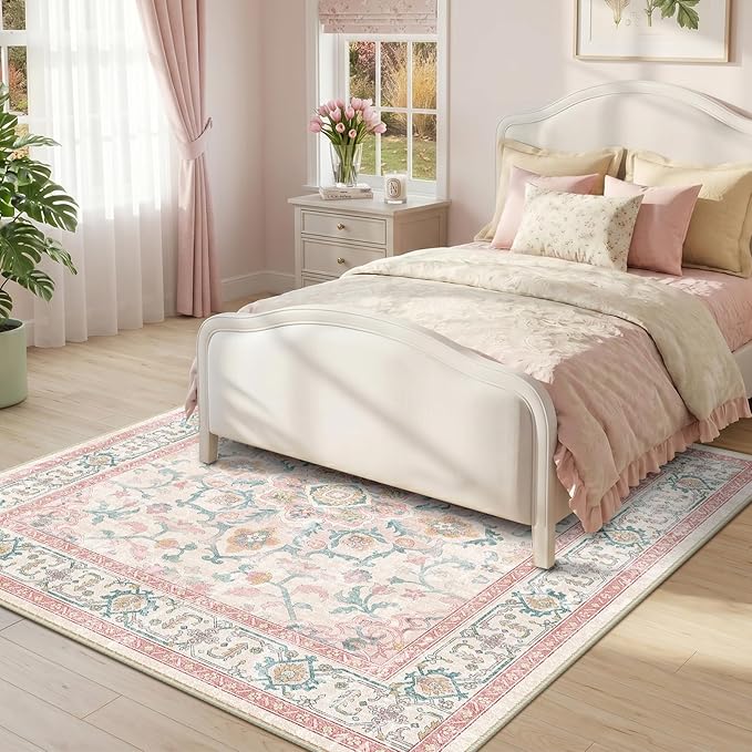 CAPALOCA Machine Washable Rugs Nursery Rug Sq5ft Cute Girl Non Slip Low Pile Water Repellent Soft Print Pattern for Bedroom Indoor Decor Kids Playroom Pink Teal