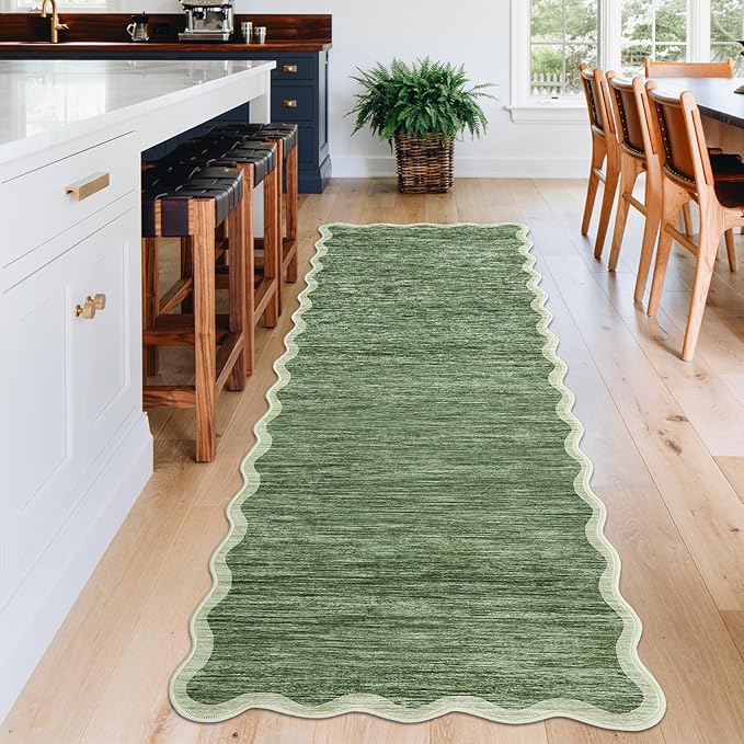 GarveeHome Scalloped Washable Runner Rug 2x6 Runner Abstract Modern Green Kitchen Runner Rug Non Slip Farmhouse Entryway Rug Soft Bathroom Rugs Stain Resistant Carpet for Laundry Bedroom 2'x6'