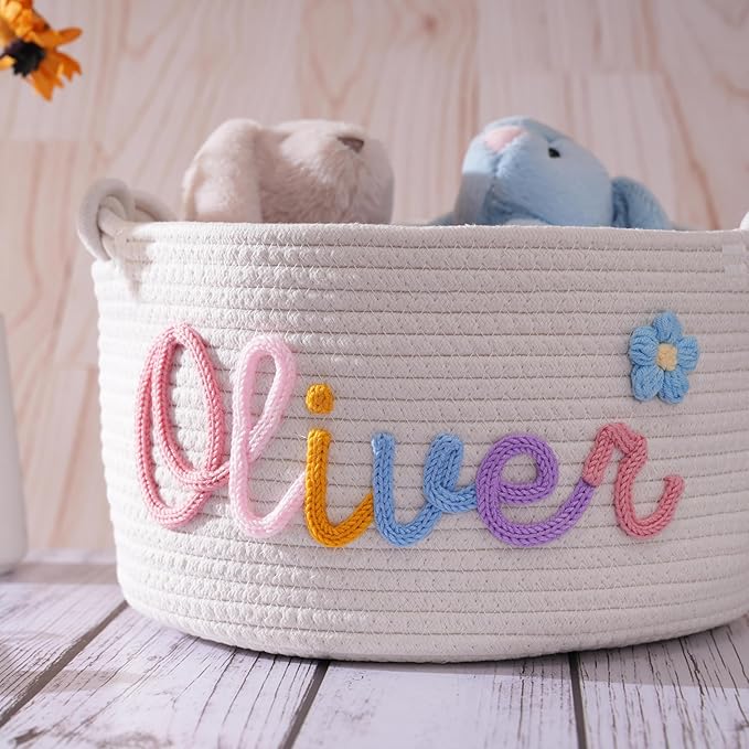 JUPPE Custom Baby Shower Basket, Personzlized Basket with Baby Name, Baby Boy Girl Storage Organizer Cotton Rope Nursery Decor Newborn Gift (style 1) (Mixing Colors)