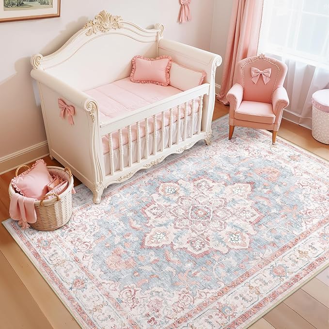 CAPALOCA Machine Washable Rugs Nursery Rug 3x5 Cute Girl Non Slip Low Pile Water Repellent Soft Print Pattern for Bedroom Indoor Decor Kids Playroom Pink Blue