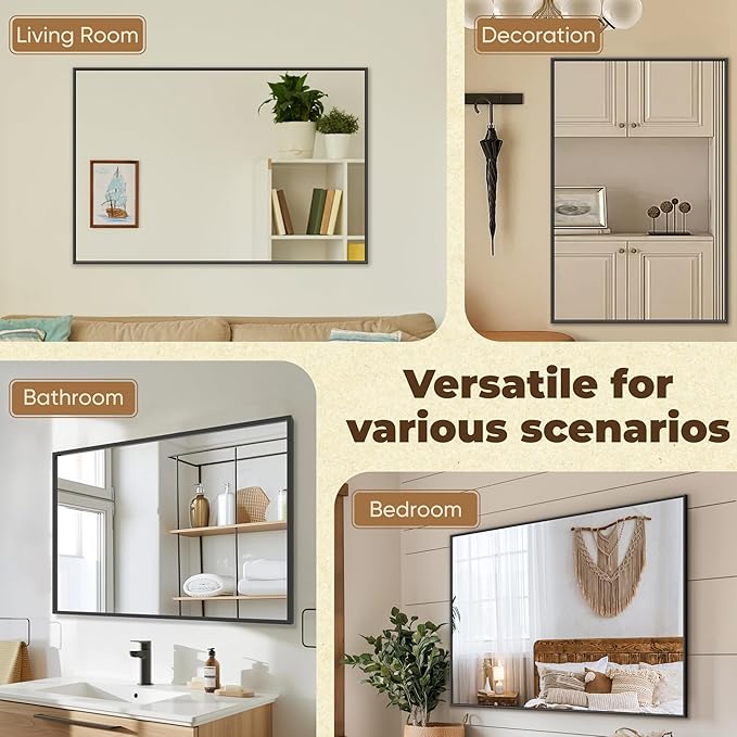 Antok 48x36 Black Metal Framed Bathroom Mirror, Wall Mirror with Round Corners, Vanity Mirror for Over Sink, Anti-Rust Tempered Glass, Horizontal/Vertical Hanging for Bathroom, Living Room, Entryway