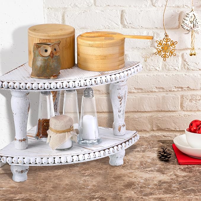 Kigley 2 Tiered Corner Riser for Kitchen Counter Wood Beaded Corner Shelf White Wash Countertop Bathroom Counter Organizer Rustic Decorative Pedestal Stand with Removable Feet for Kitchen Coffee Bar