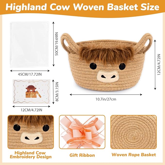 Highland Cute Cow Basket, Small Woven Rope Gift Basket with Bag Bow and Card, Empty Ribbon Cotton Storage Bin with Handles, Baby Shower 0rganizer Nursery Wedding Oval Shelves Decorative Bin