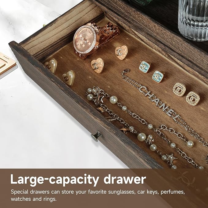 Wooden Cologne Organiser with Acrylic Display & Drawer,Vanity Storage Rack for Perfumes,Jewellery & Cosmetics,Cologne Display Stand for Men & Women,Bedroom and Bathroom Vanity Storage Amber