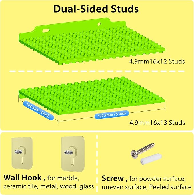 6 Wall Display Shelf for Lego Bricks, 4x5 inch Dual-Sided Floating Shelves with 16x13 Studs 4.8-4.9mm, Supports Up to 2 lbs with Screw, Baseplate Wall Mount for Builders Room Decor, Glow in The Dark