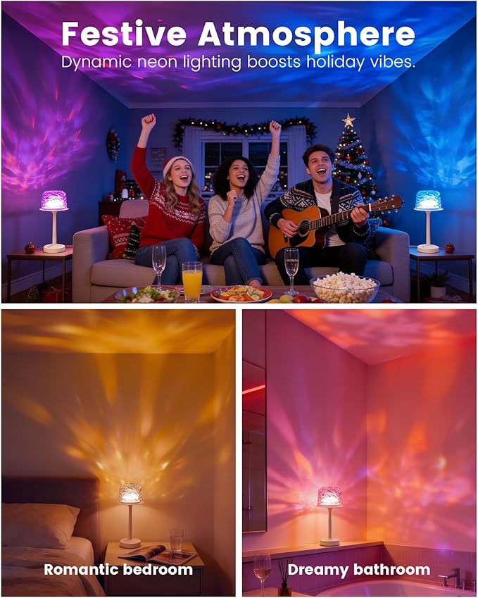 Waterproof Bathroom Shower Lamp with Ocean Wave Projector, 2-in-1 Table Night Light, 16 RGB Colors, 3 White Modes, 5000mAh Rechargeable USB-C Lamp with Touch & Remote for Spa Shower, Bedroom, Gifts