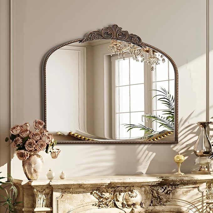 Micasso Bronze Vintage Arched Mirror: 29x36 in French Baroque Antique Wall Mounted Mirror - Traditional Ornate Decorative Mirror for Mantle/Fireplace/Living Room/Bedroom/Entryway/Hallway/Wall Decor