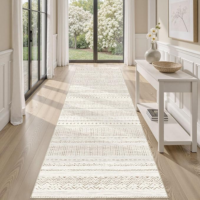 cotiled Hallway 2.6x10 Runner Rugs: Washable Boho Rugs with Non Slip Backing Large Soft Indoor Stain Resistant Carpet for Living Room Bedroom Farmhouse Dining Room Lightweight Home Decor Brown/Cream
